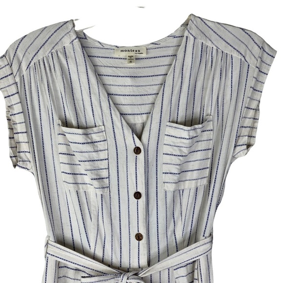 Monteau Women’s Navy & Cream Pin Striped Belted Ankle Crop Jump Suit Size Small - Picture 6 of 6